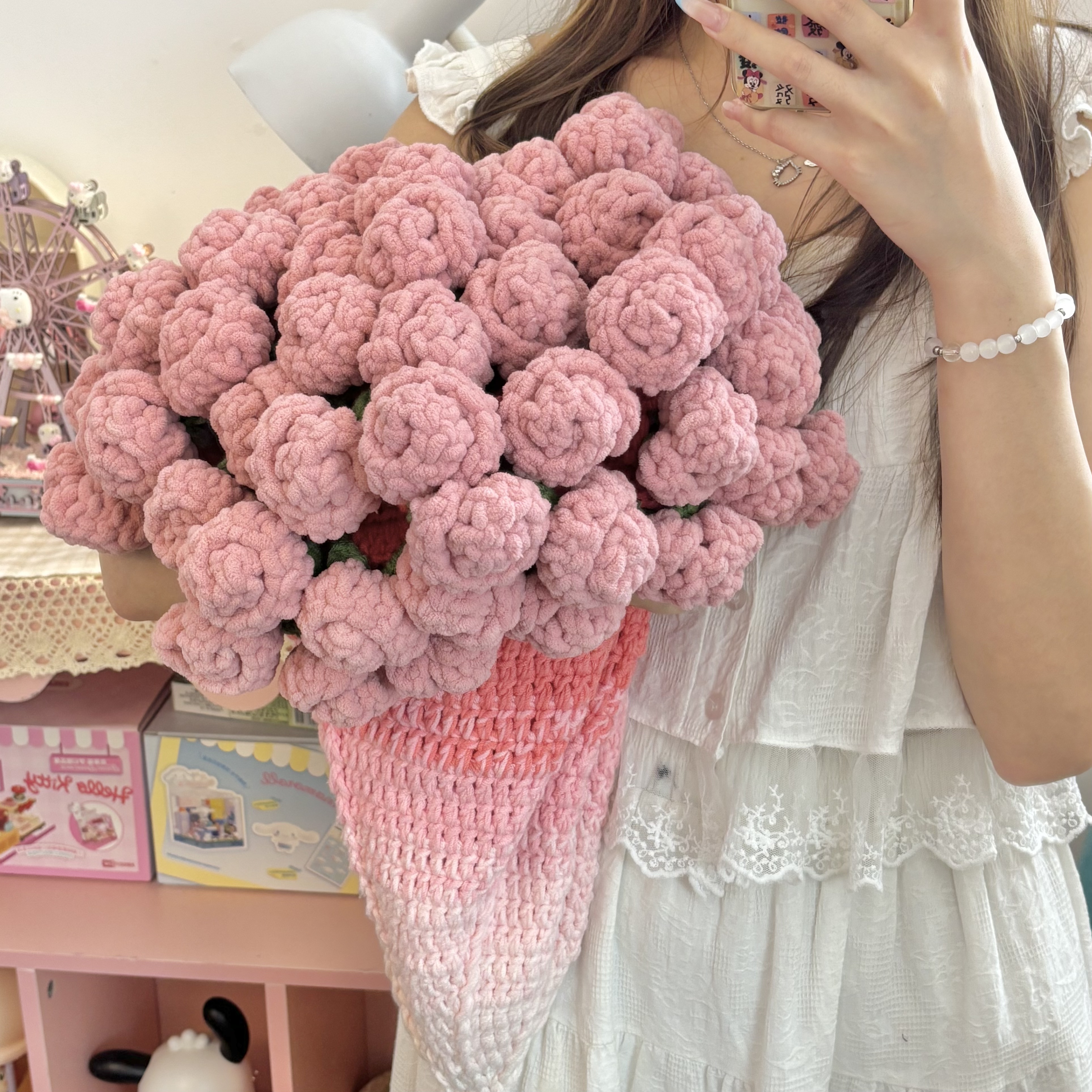 彩虹渐变玫瑰花毯子手工diy花束毯子材料包毛毯编织送女生礼物