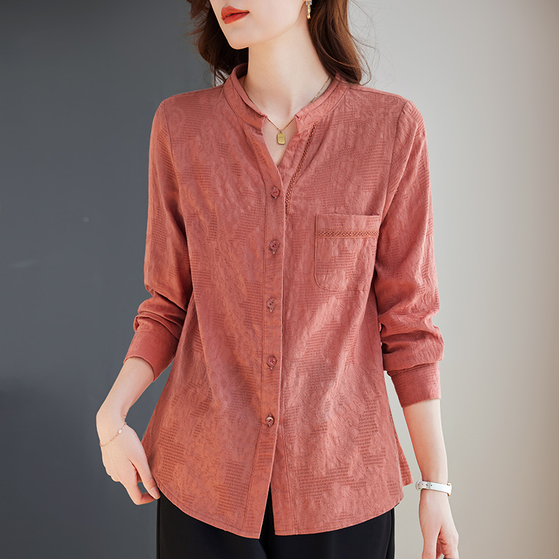 纯棉V领上衣长袖外套女士衬衫2025新款春秋大码女装中年妈妈衬衣
