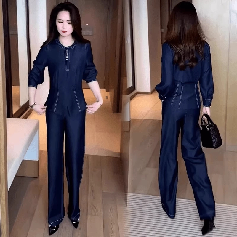 时尚牛仔套装女2025春季新款设计感洋气减龄收腰上衣阔腿裤两件套