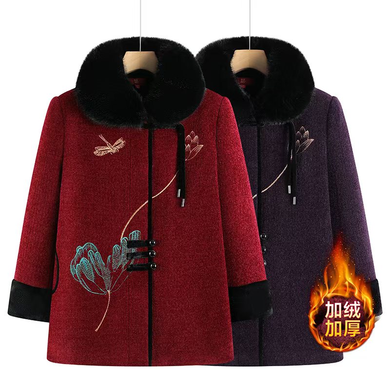 冬季棉衣保暖中老年女装外套老人加绒加厚上衣洋气中长款妈妈装