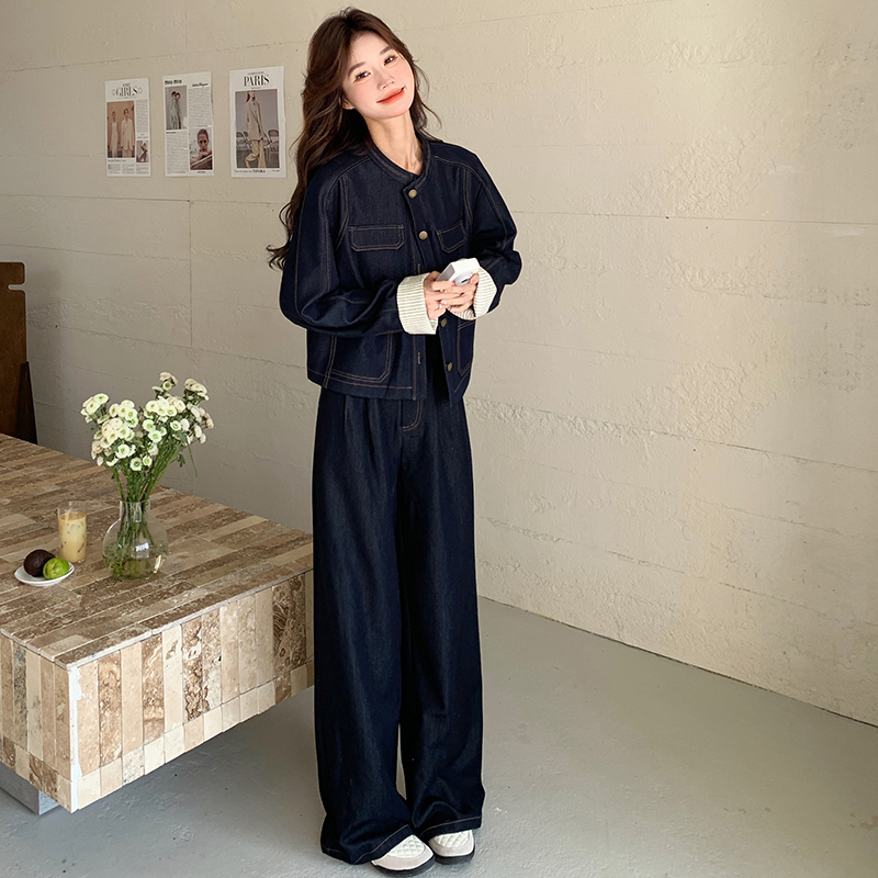 深蓝色复古牛仔时尚套装裤女2025年春秋新款高级感休闲减龄两件套