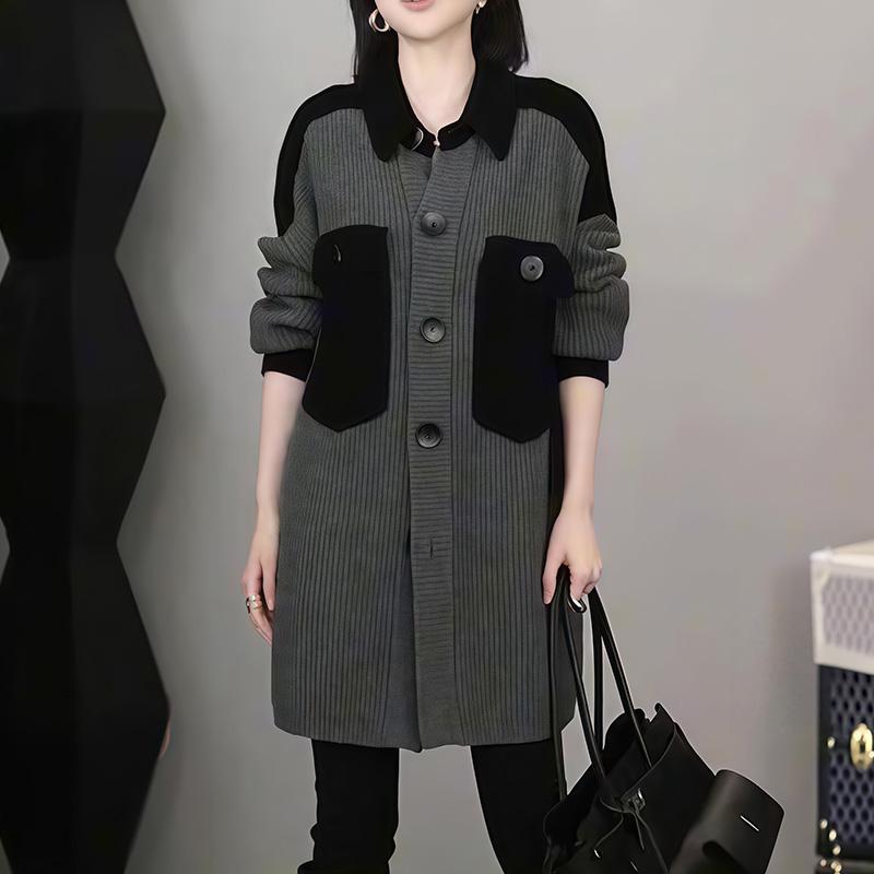 时尚洋气翻领撞色长袖针织衫女士秋冬新款中长款外套百搭气质上衣