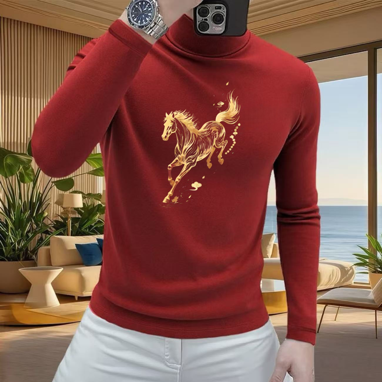 双面德绒德绒半高领印花长袖男秋冬新款T恤韩版修身打底保暖上衣