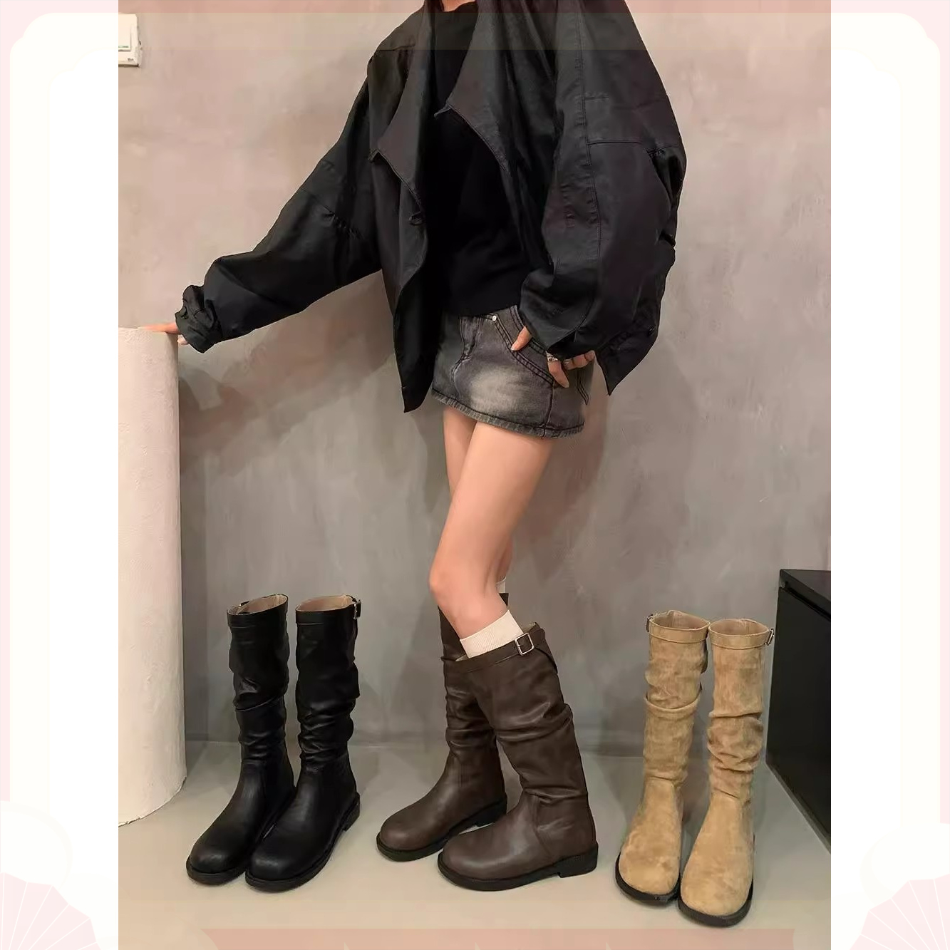 堆堆靴设计感粗跟高筒马丁靴女靴法式早秋绒面卡其色瘦瘦靴骑士靴