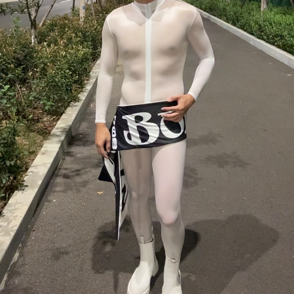 高光油亮拉链式 引动机车连体紧身衣白色男士女神时尚水润提亮