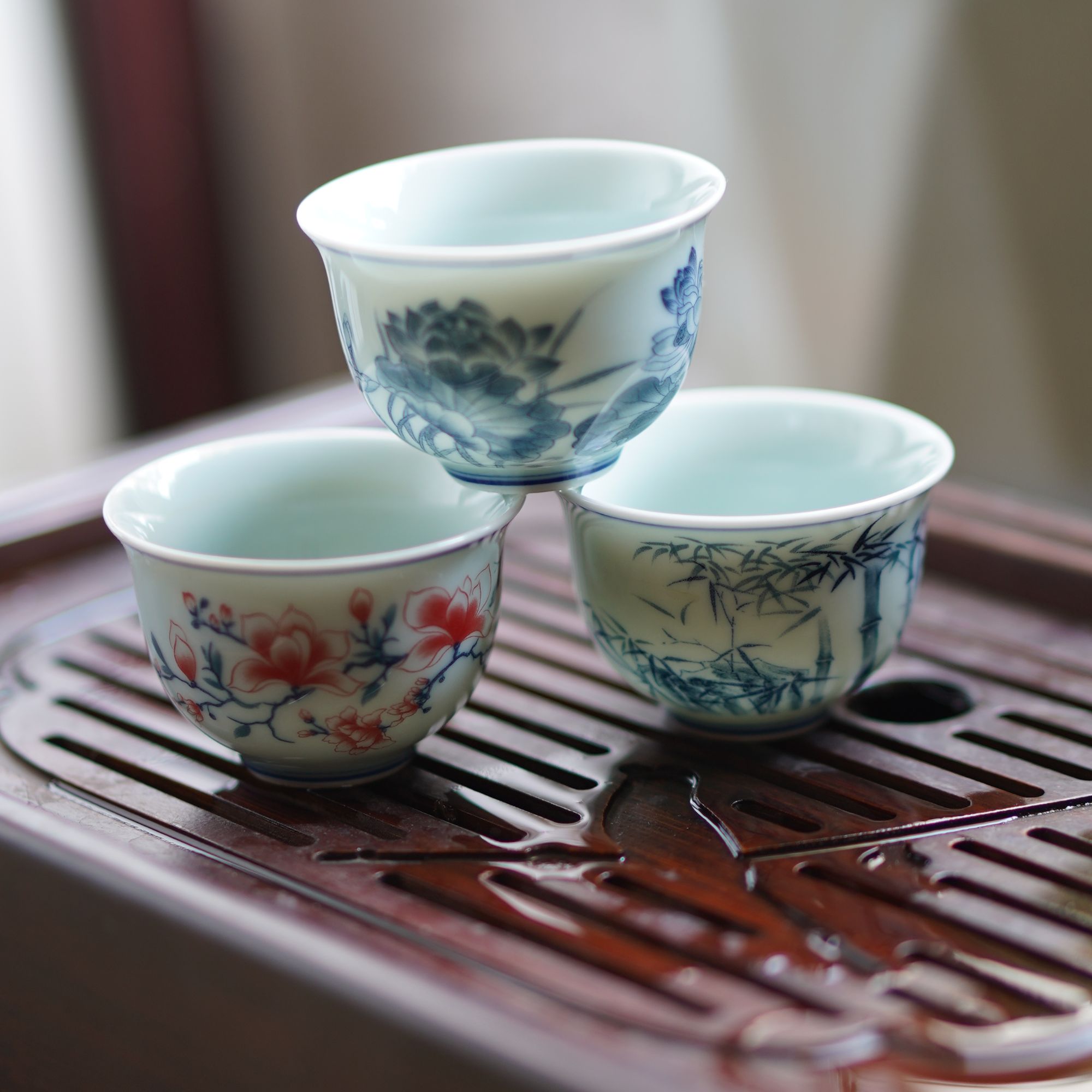 复古荷花釉中彩釉里红陶瓷小杯子品茗杯功夫茶具品茗杯客杯小号杯