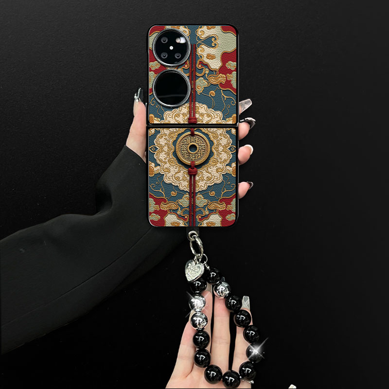 适用华为pocket2手机壳招财铜币小羊皮折叠壳全包简约保护套