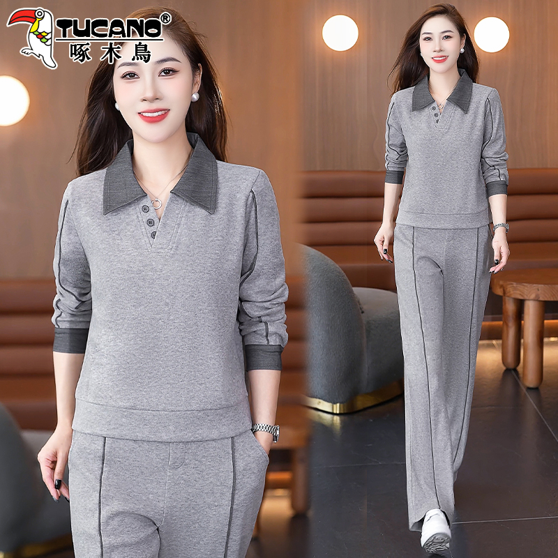 啄木鸟翻领卫衣运动套装女2025新款时尚减龄女士休闲妈妈装两件套