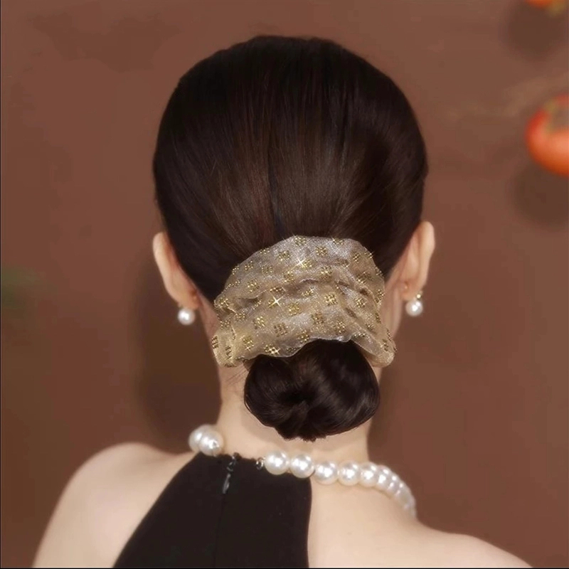 韩版手工格子烫钻高级感高马尾夏天丸子头纯色气质发圈女轻奢女