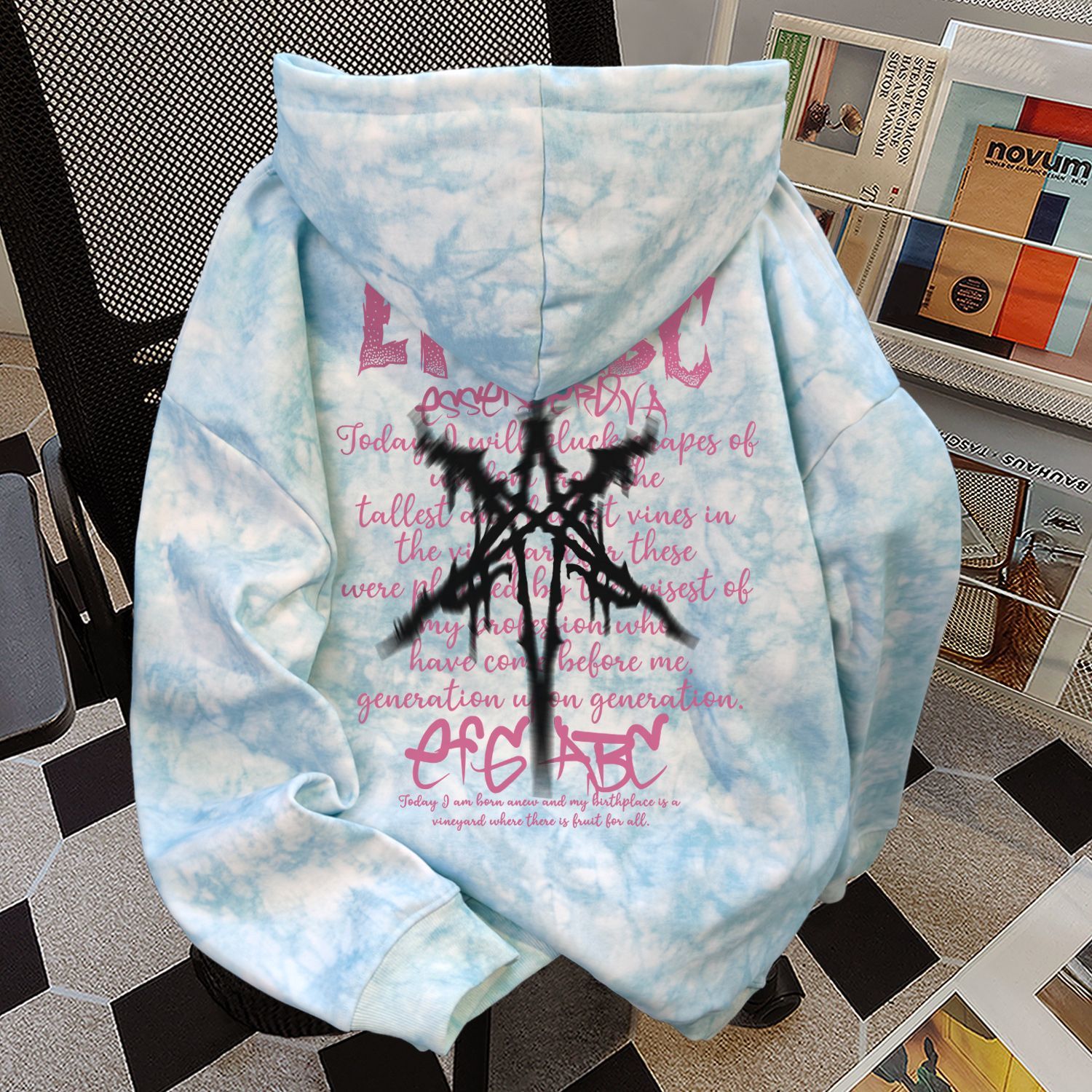 美式个性字母复古扎染连帽卫衣男女秋冬季加绒加厚宽松显瘦上衣潮