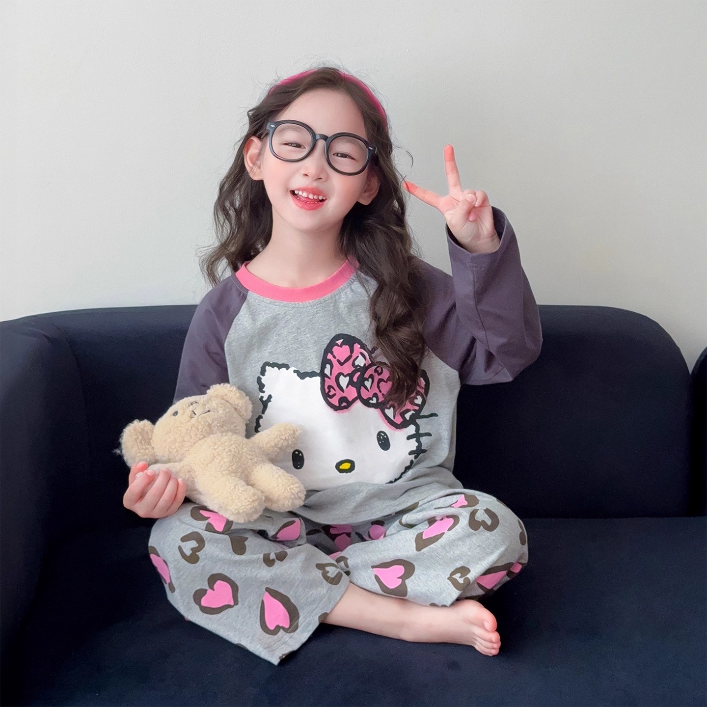秋季卡通儿童睡衣2025新款女童纯棉kt猫家居服女孩春秋长袖可外穿