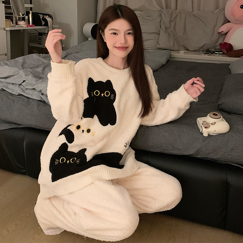 软绵绒睡衣女秋冬款卡通甜美网红小猫加厚保暖学生外出家居服套装