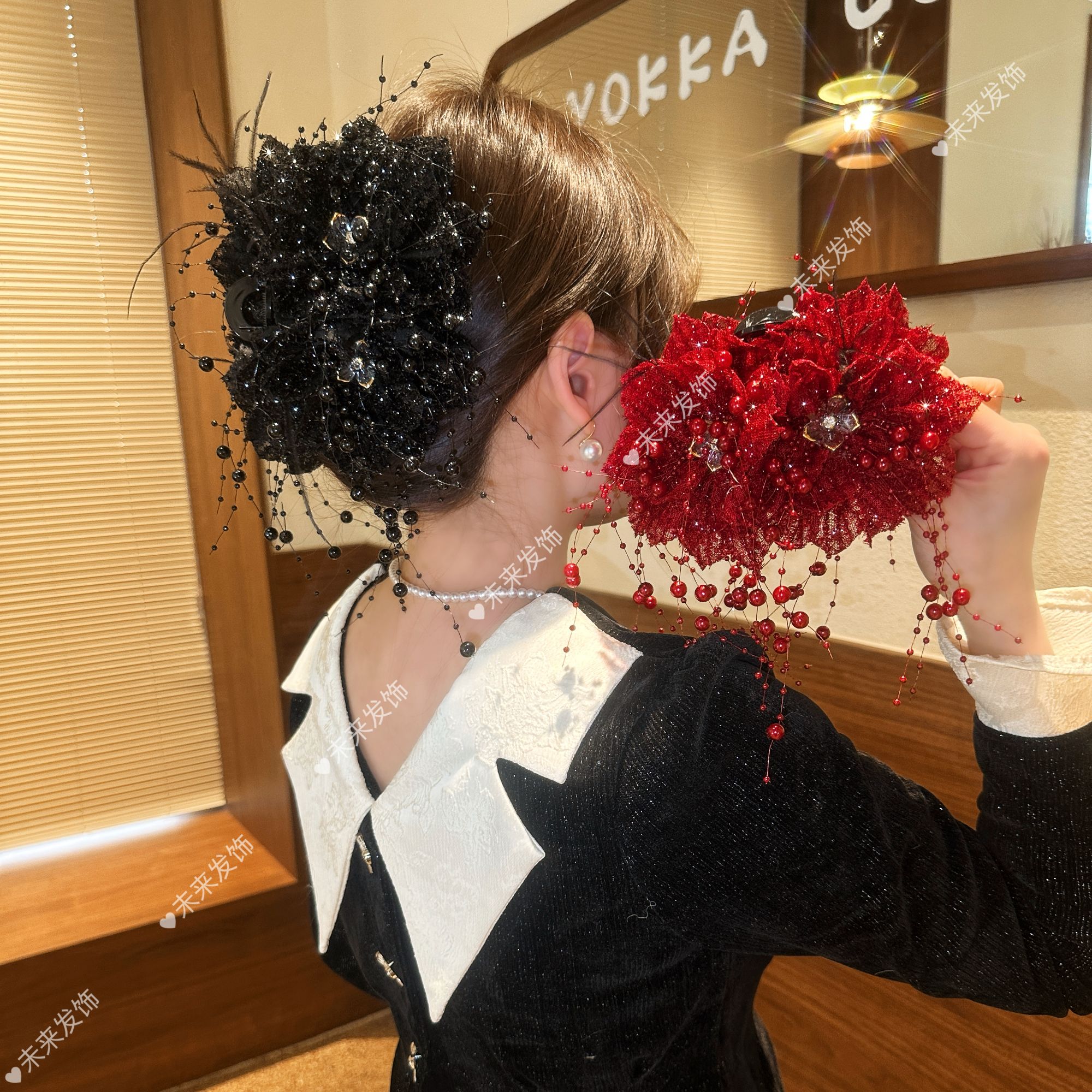 冬季新款莲花楼玫瑰流苏抓夹气质百搭轻奢款后脑勺鲨鱼夹固定发饰