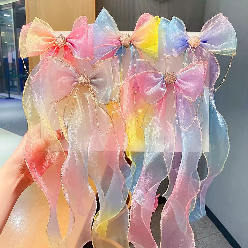 头绳可爱编发彩虹女孩发带蝴蝶结发夹马尾辫头饰飘带发卡春夏女饰