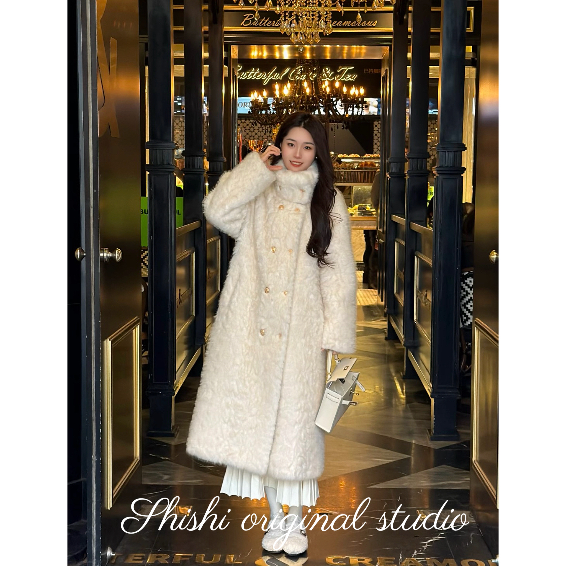 人造皮草 立领长款毛毛大衣外套女