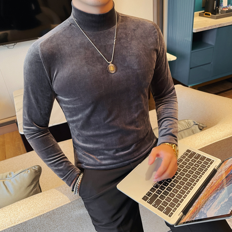高级感细条纹丝绒半高领打底衫男秋冬季新款韩版修身休闲长袖T恤