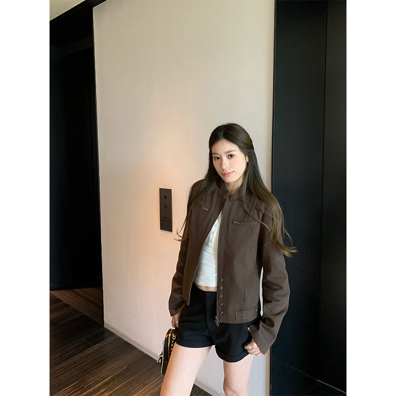 复古咖色休闲工装夹克外套女秋季新款设计感修身百搭立领工装上衣