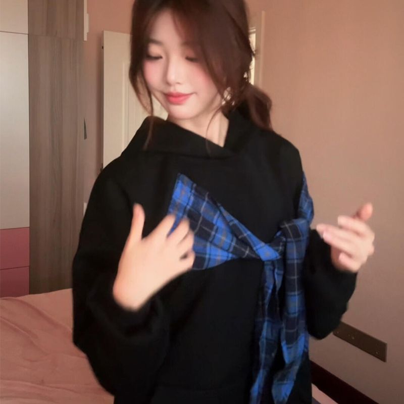 NASA ROAD美式格纹蝴蝶结绑带连帽卫衣女春秋季新款重磅百搭上衣