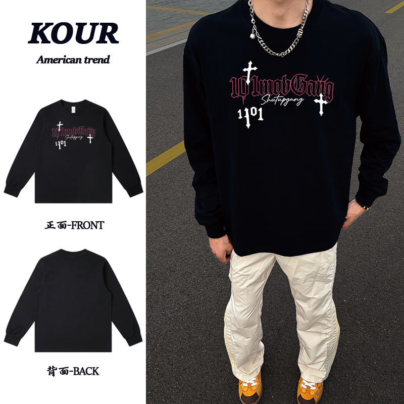 美式高街复古英文十字架印花上衣重磅纯棉宽松百搭圆领长袖T恤ins