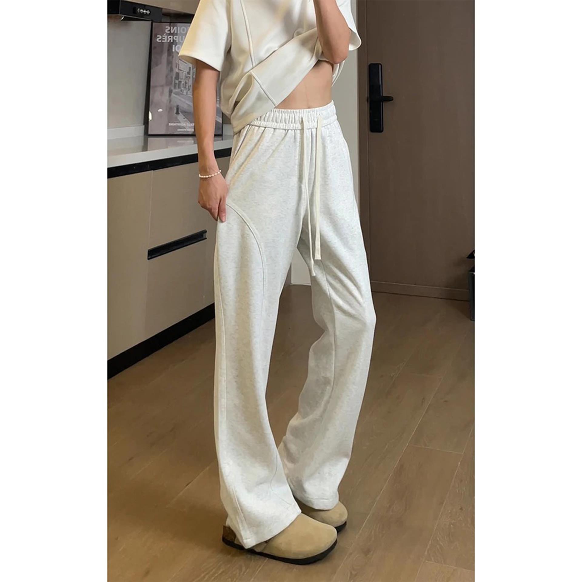 白灰色斜切弯刀卫裤男款cleanfit美式运动裤子高腰休闲直筒微喇裤