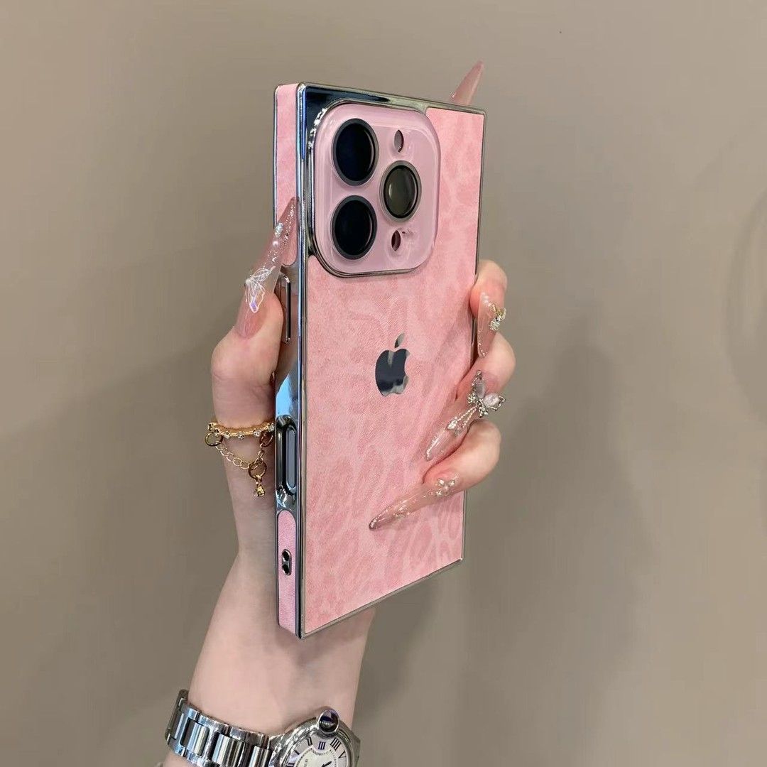 奢华方形豹纹皮纹适用iPhone15pro手机壳16promax时尚14网红软胶