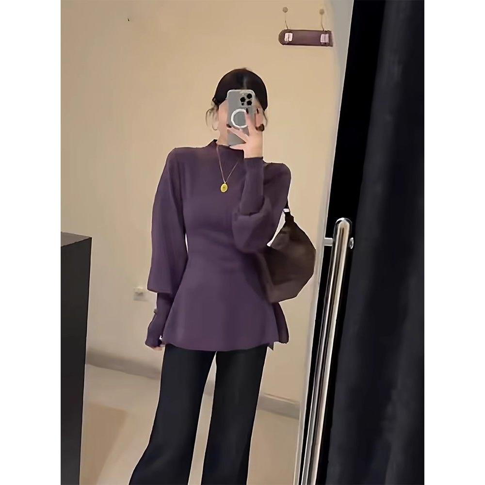 【包芯纱洗水】法式紫色半高领软糯长袖针织打底衫女秋毛衣内搭上