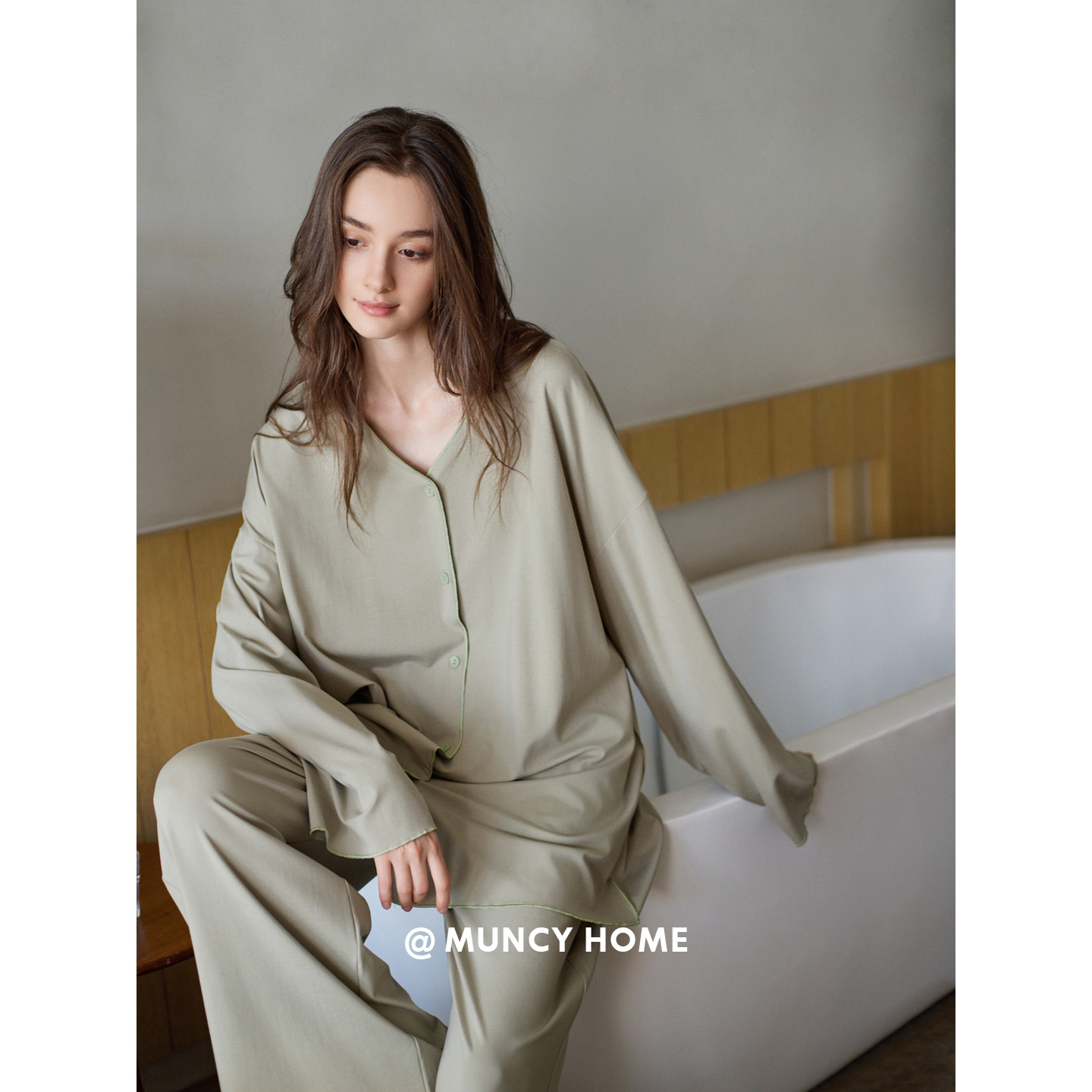 曼系“简法生活”呼吸柔软棉睡衣女春秋季简约纯色松弛感慵懒套装