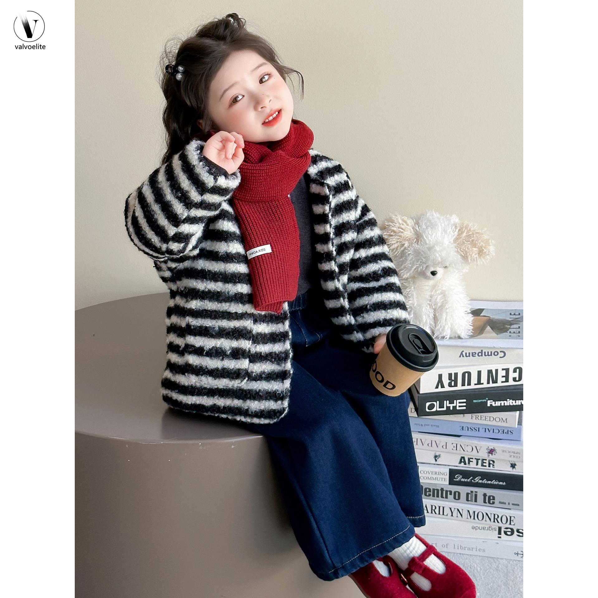 VALVOELITE女童外套秋冬装2025新款洋气条纹毛毛衣宝宝加厚夹棉衣
