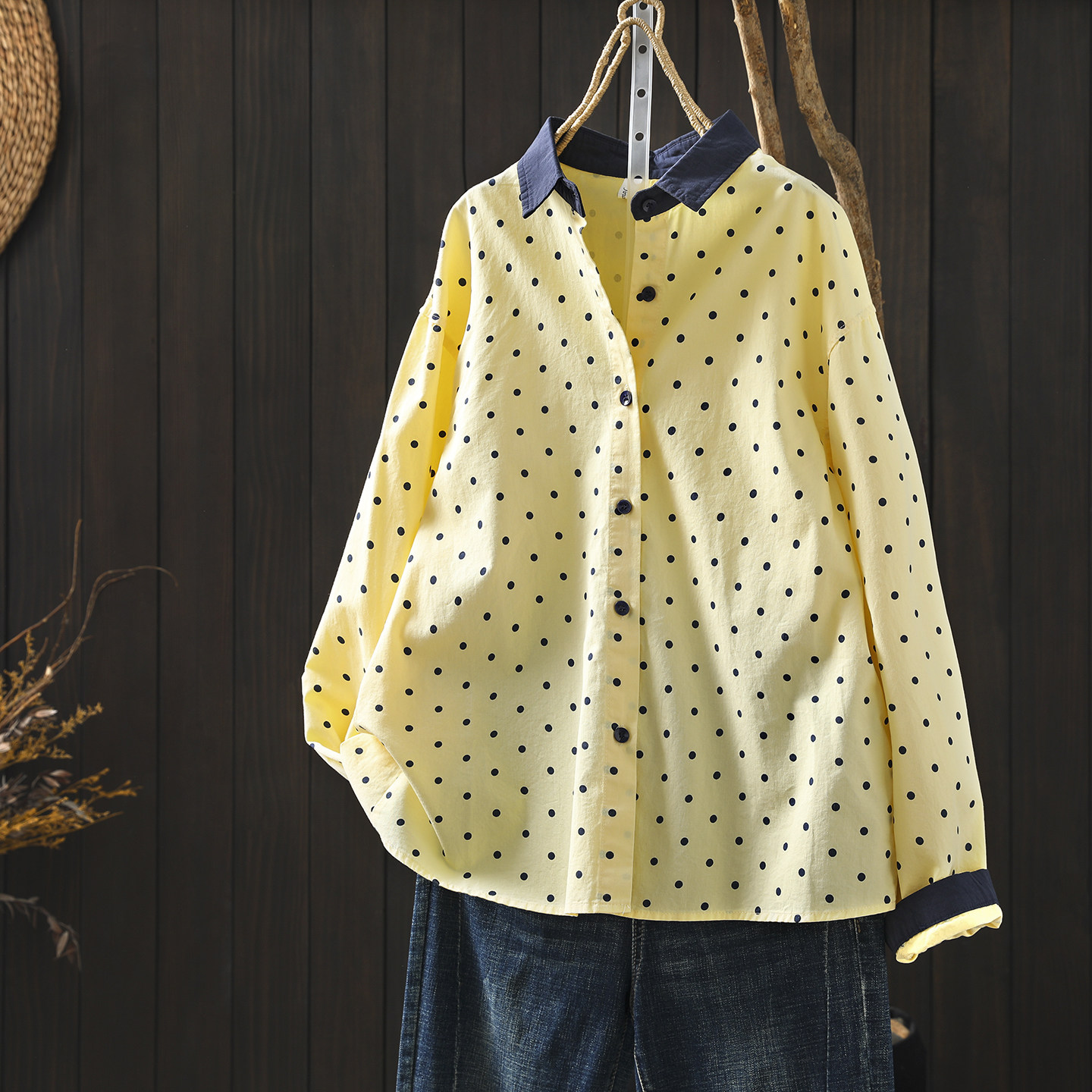 波点衬衫女款2026新款春季纯棉洋气漂亮气质休闲宽松时尚黄色衬衣