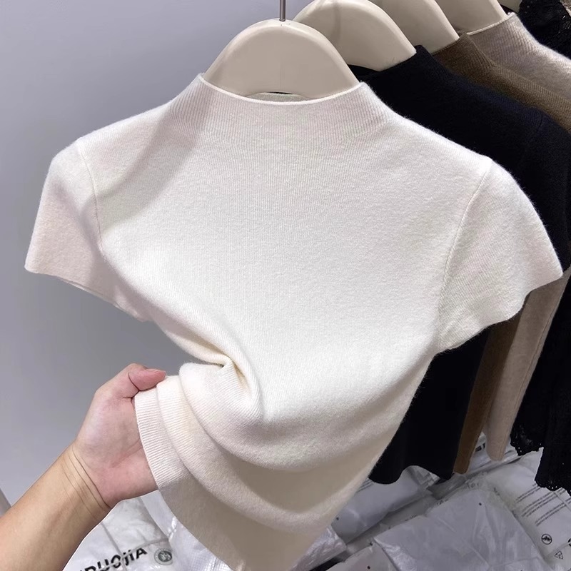 2025夏季新款半高领短袖薄款针织T恤女内搭气质显瘦小飞袖上衣