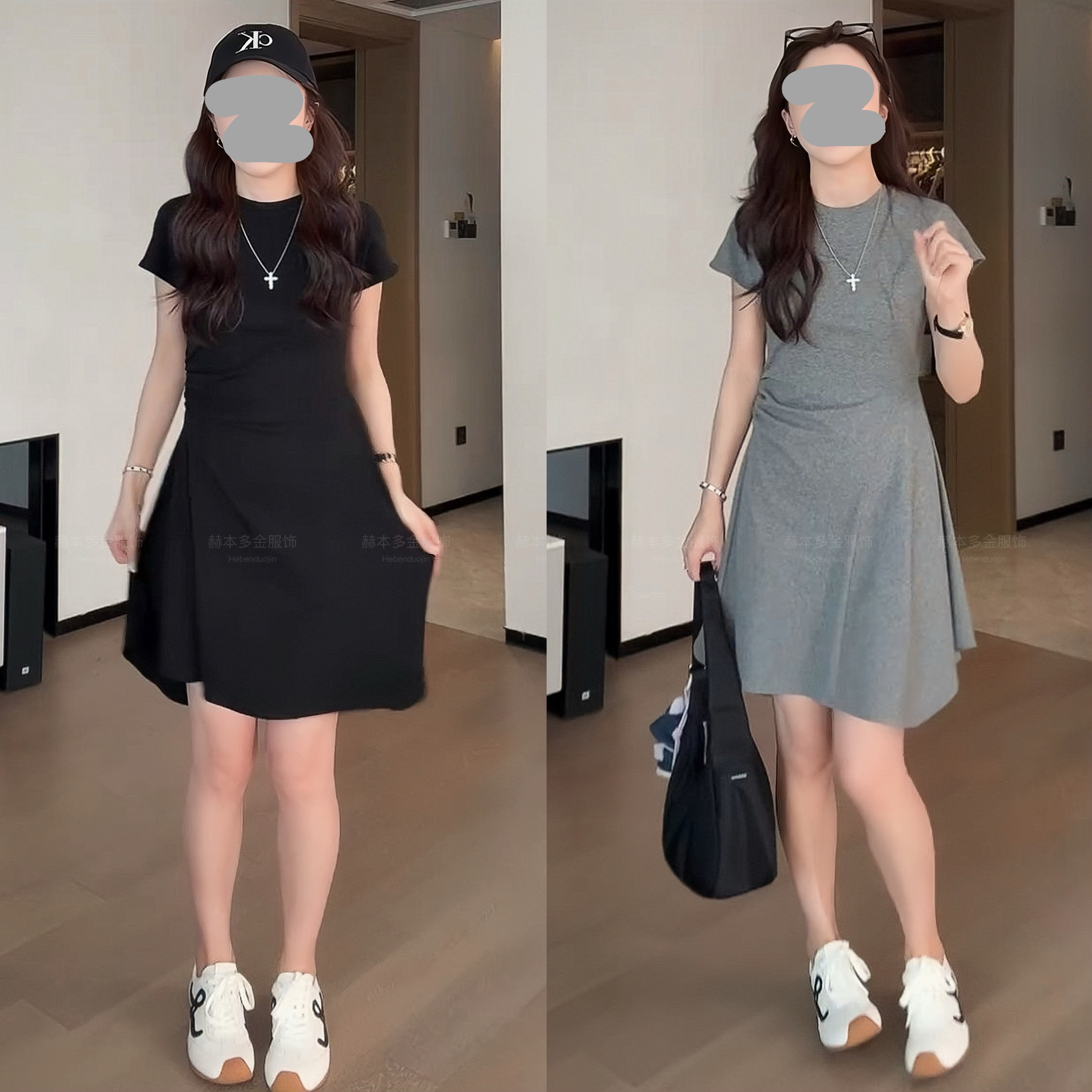 2025夏季欧货褶皱收腰圆领短袖连衣裙时尚百搭休闲不规则连衣裙