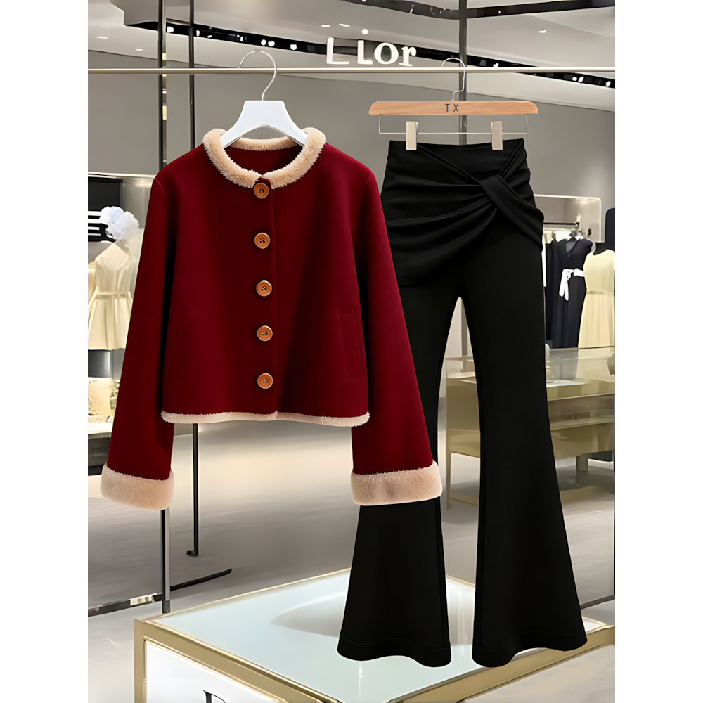 2025冬季新中式国风高级感毛呢外套女装新年设计感休闲长裤两件套