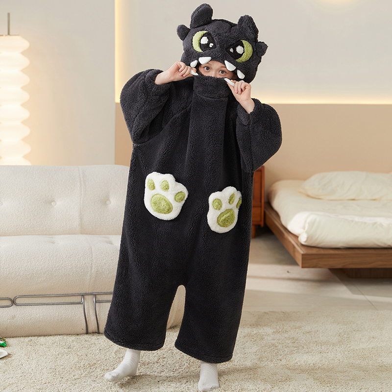 儿童睡衣秋冬季加厚款珊瑚绒无牙仔连体男孩卡通男女童冬天家居服