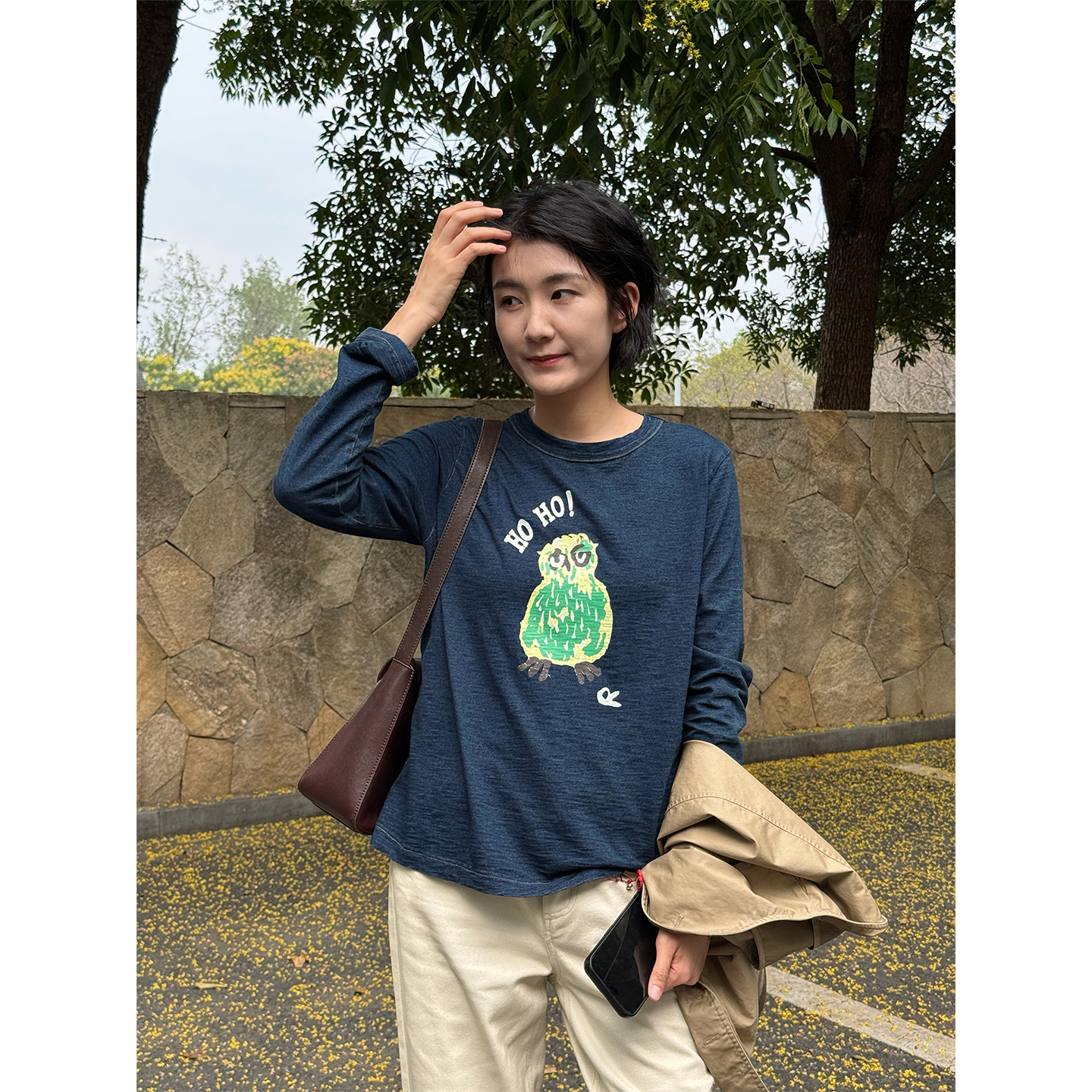 LANGQING 猫头鹰字母印花纯棉舒适通勤T恤46146#