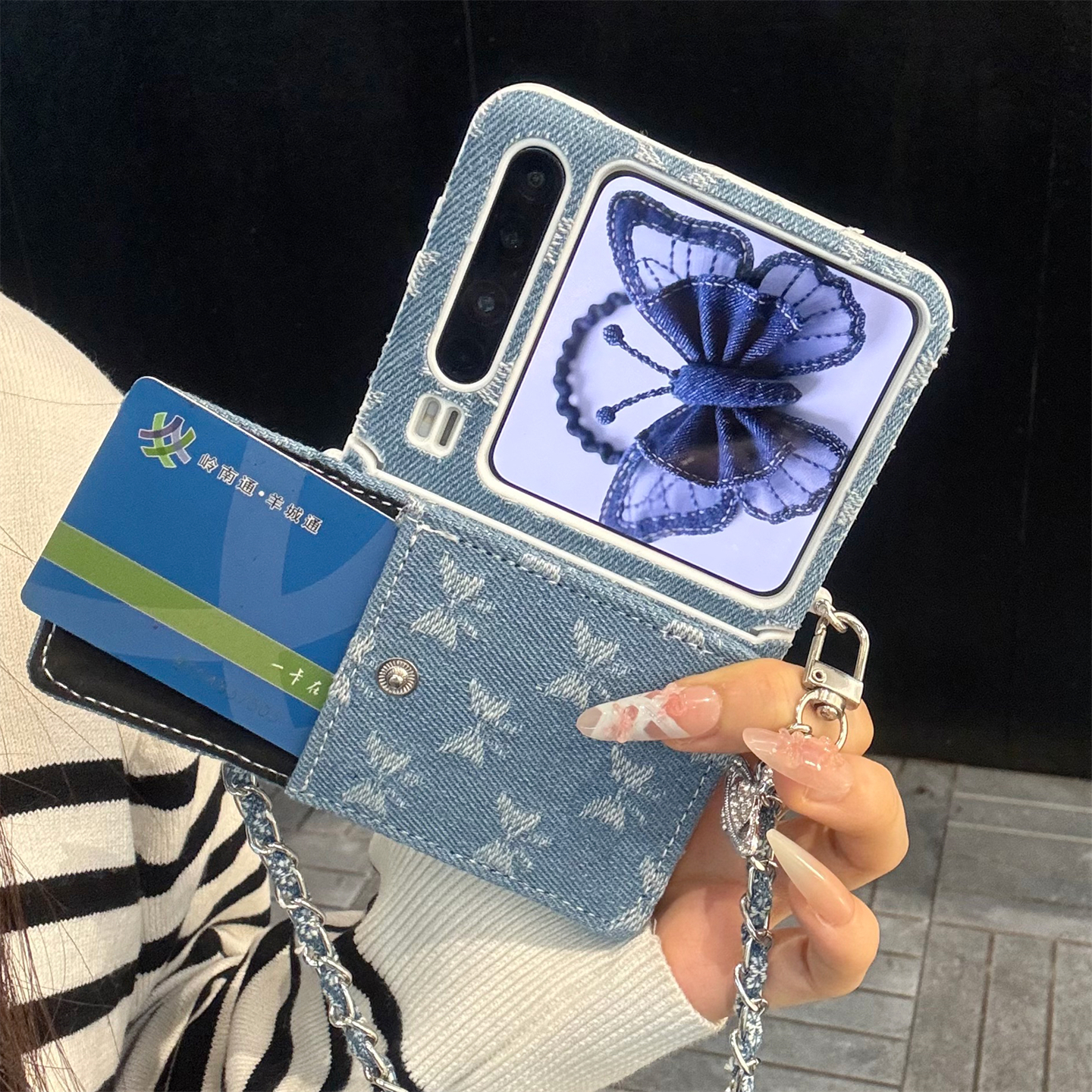 适用华为purax典藏版折叠屏手机壳pocket2牛仔纹刺绣蝴蝶结插卡包