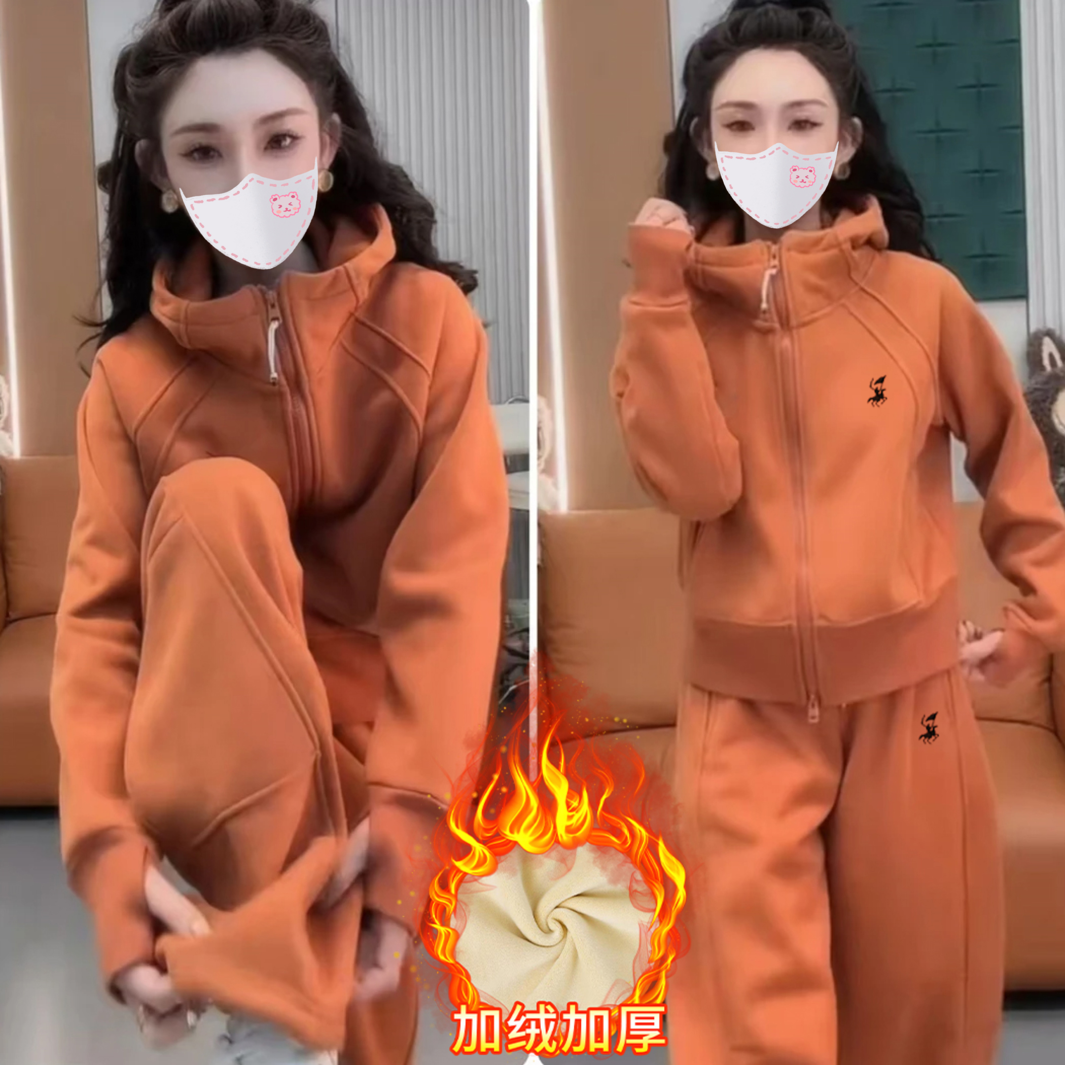 2025冬季新款德绒洋气刺绣时尚显瘦两件套加绒加厚休闲运动套装女