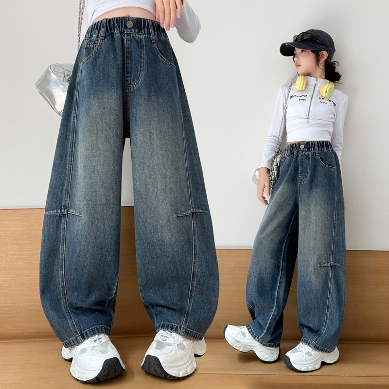 女童牛仔裤秋季2025新款中大童时尚弯刀裤高腰阔腿裤韩版宽松长裤