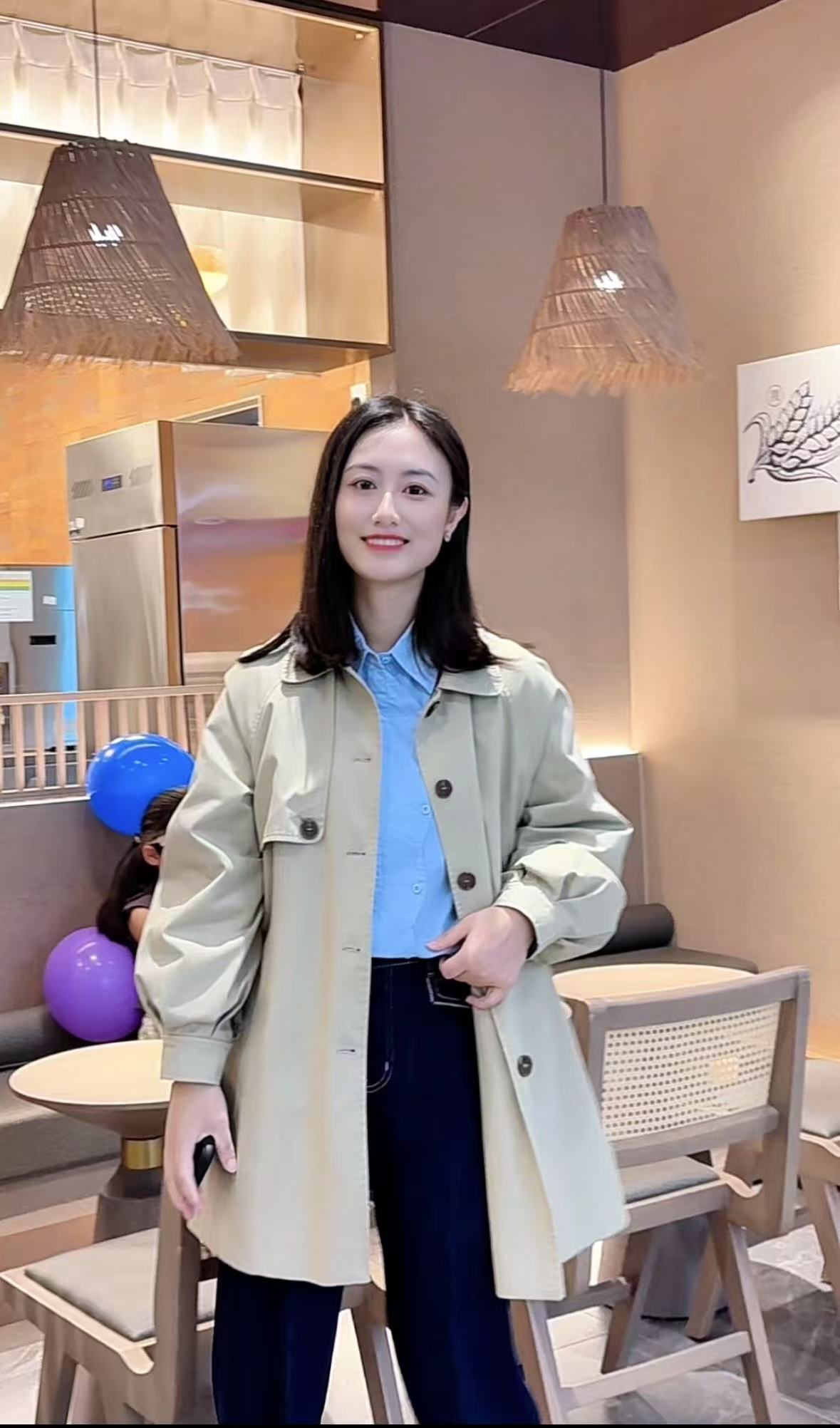 [学院风]方领灯笼袖秋款韩版宽松英伦风百搭休闲气质女风衣中长款