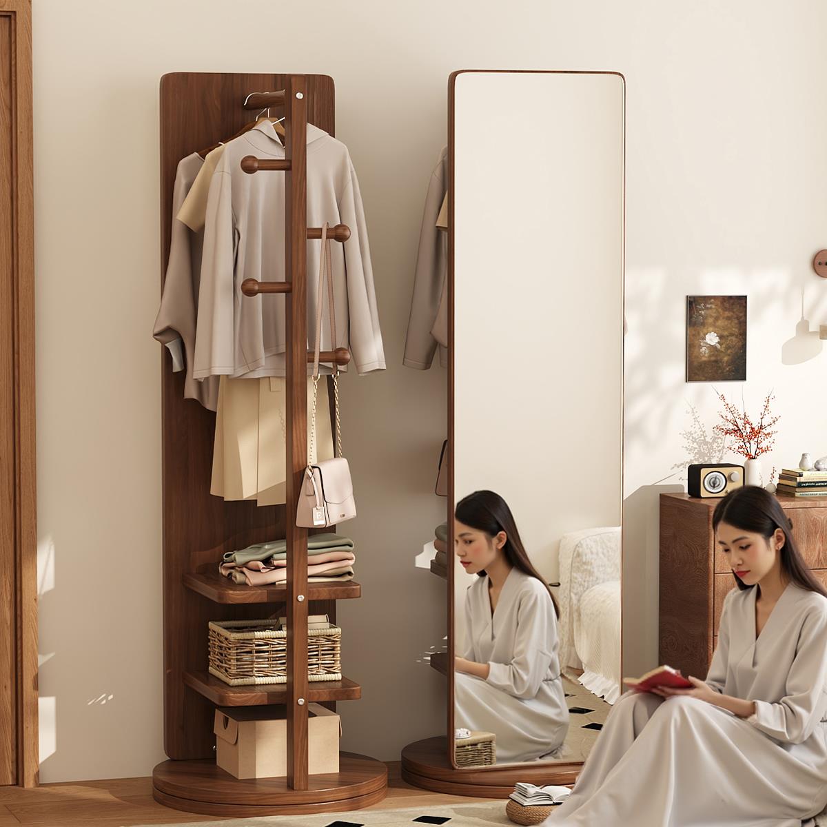 全身镜落地家用穿衣镜一体式卧室贴墙镜子女生试衣镜储物衣帽架