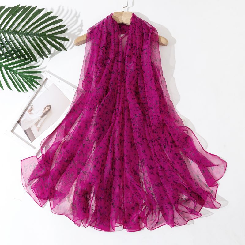 高档优雅女士纱巾百搭长款披肩时尚气质丝巾橙色薄款围巾洋气花丝