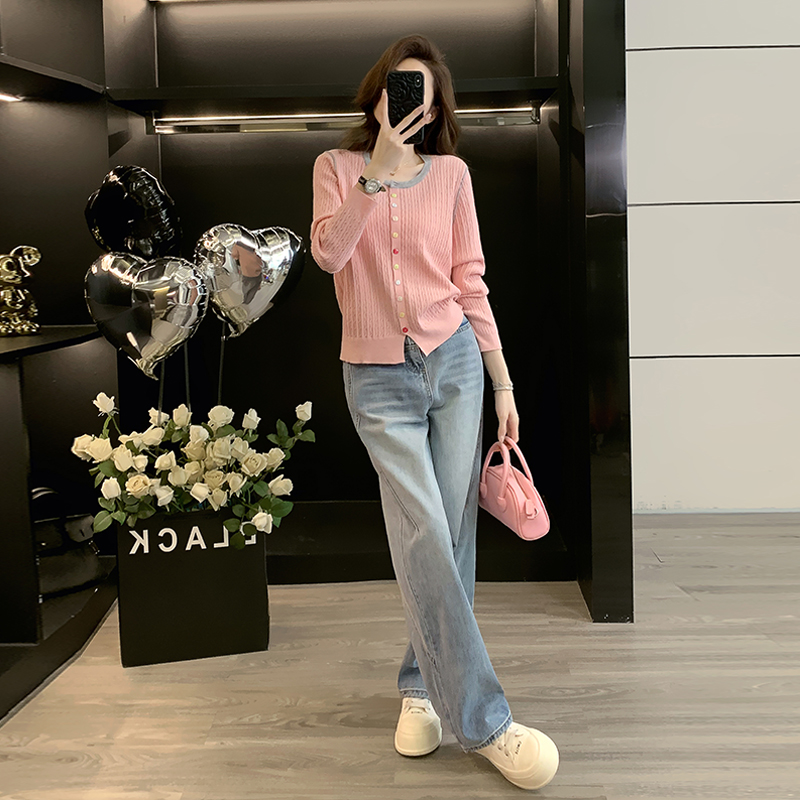 巨好看的早秋一整套韩系甜美温柔风针织开衫蓝色阔腿裤两件套装女