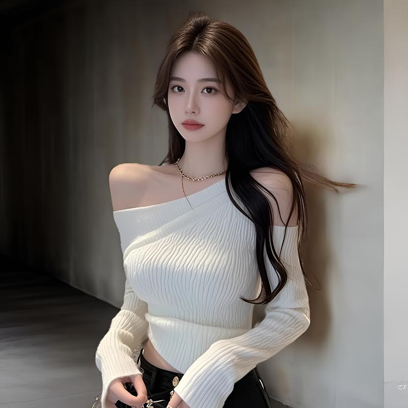 高品质法式设计感短款毛针织衫秋季新款时尚名媛气质斜领露肩长袖