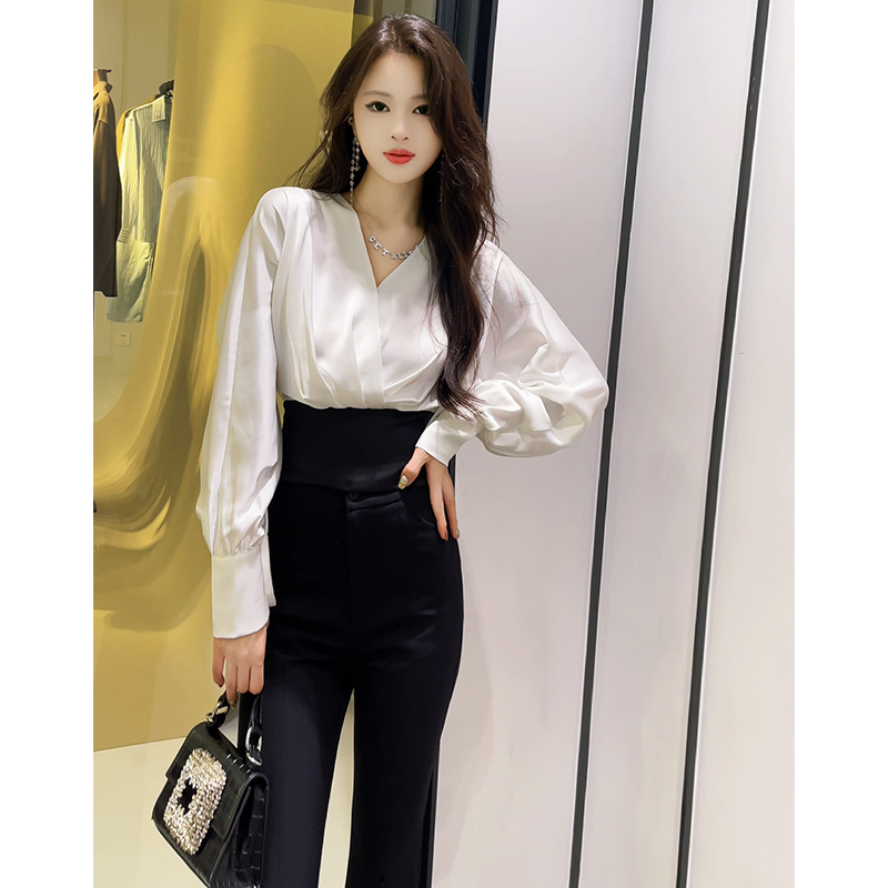 格润雅气质独特收腰拼色长袖上衣2025秋新款女神范时尚拼接微喇裤