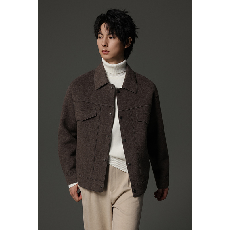 男士短款翻领简约毛呢外套秋季休闲老钱风美式双面羊毛休闲夹克S5