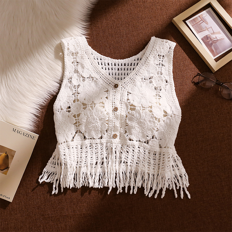 韩系镂空针织钩花吊带背心女夏外穿宽松显瘦2025新款流苏马甲上衣