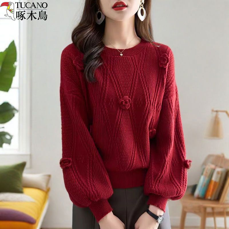 啄木鸟新年红色毛衣女款新款宽松时尚韩版显瘦洋气圆领百搭针织衫