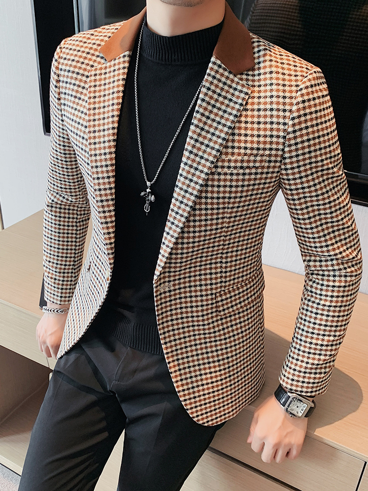 昆加希毕千鸟格休闲西装外套男拼接领子英伦风雅痞西服上衣正装