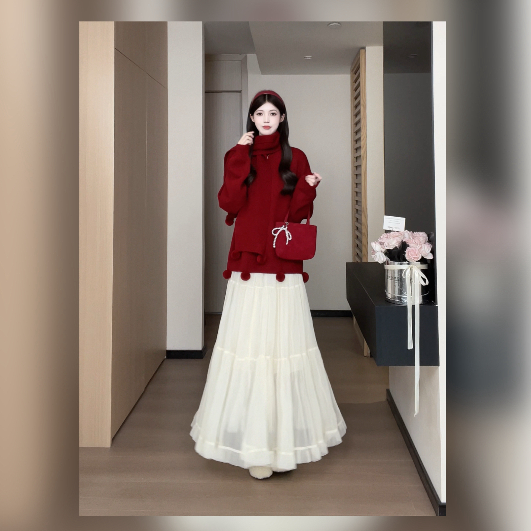 松本丧丧酒红针织搭白纱裙围巾领慵懒甜系氛围感套装B254Z0061