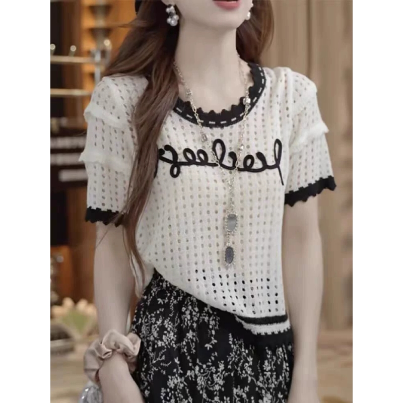 温柔镂空撞色字母花边冰丝针织衫短袖T恤女夏新款好看设计感上衣