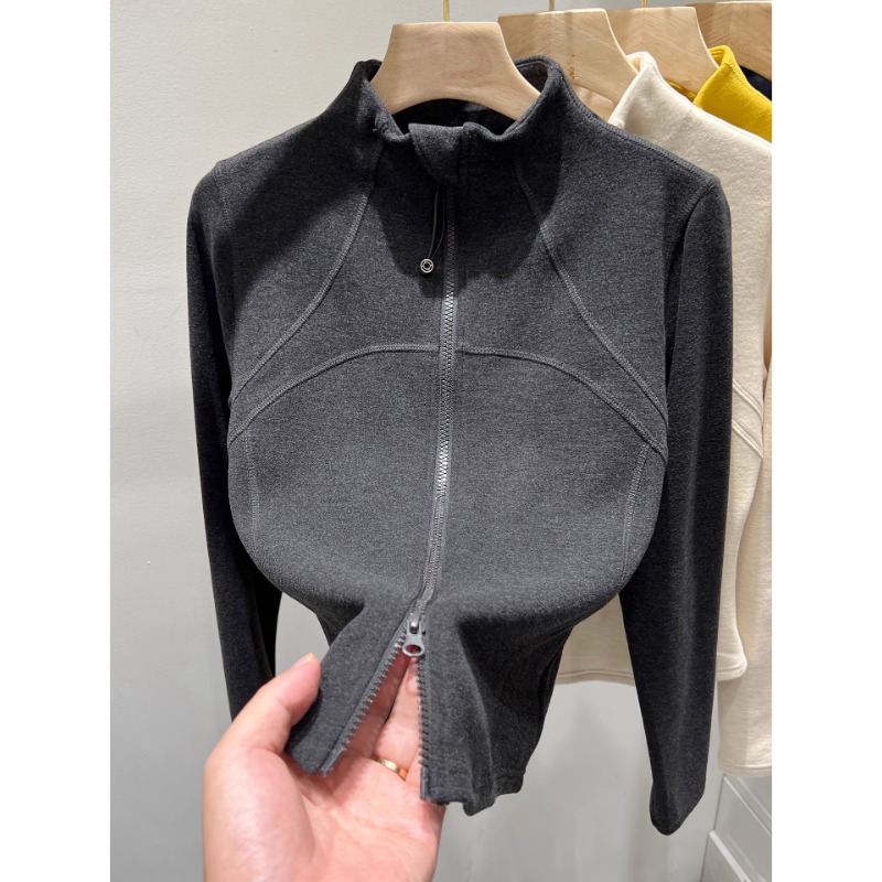 设计感双拉链双面磨毛德绒长袖T恤开衫女2025秋冬新款打底衫上衣